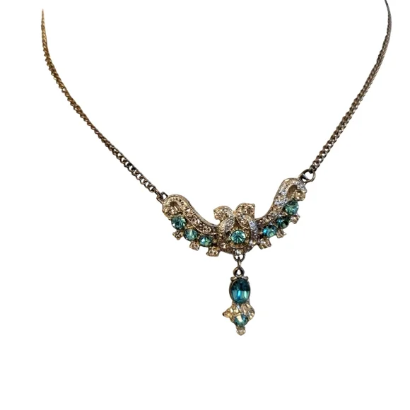 VINTAGE 1940 Silver Necklace Blue Clear Rhinestones Choker - Picture 5 of 12